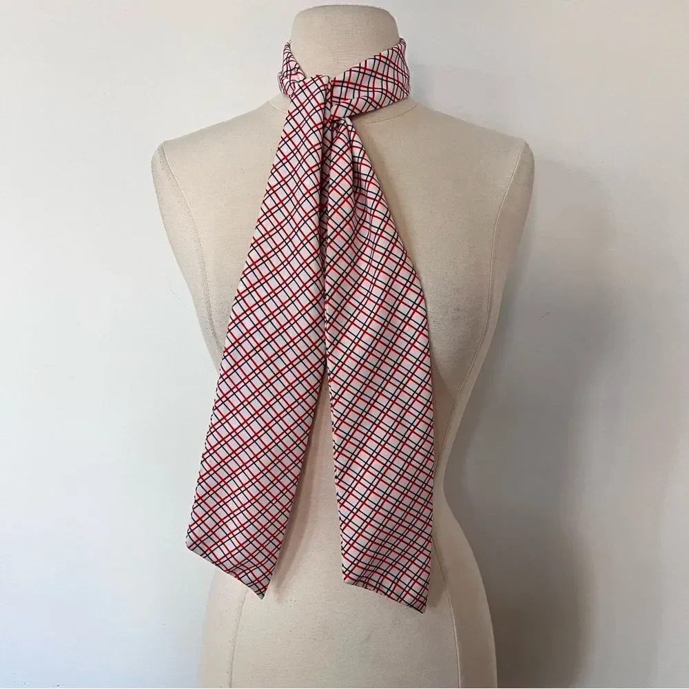 True Vintage 1960s / 1970s Red Plaid Check Ascot Pussybow Scarf